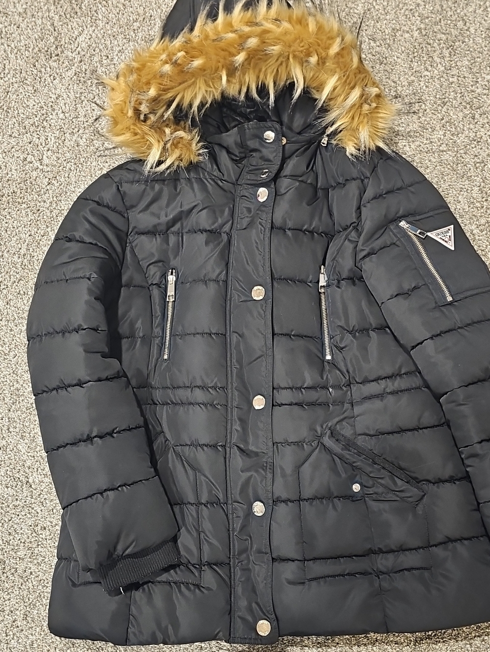 Guess Women's Black Puffer Coat with Faux Fur Trim